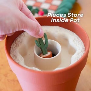 K&ouml;nnte beinhalten: Ein terrakottafarbener Blumentopf mit einem kleinen, wei&szlig;en Innentopf, der einen Miniatur-gr&uuml;nen Kaktus enth&auml;lt. Der Topf ist mit einem hellen Material gef&uuml;llt. Der Text lautet "Pieces Store inside Pot".