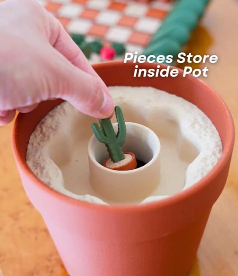 K&ouml;nnte beinhalten: Ein terrakottafarbener Blumentopf mit einem kleinen, wei&szlig;en Innentopf, der einen Miniatur-gr&uuml;nen Kaktus enth&auml;lt. Der Topf ist mit einem hellen Material gef&uuml;llt. Der Text lautet "Pieces Store inside Pot".