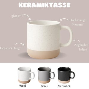 May include: A ceramic mug with a speckled white upper half and a tan base. The mug has a capacity of 360 ml and a handle. The image also shows gray and black mugs with tan bases. The text "KERAMIKTASSE" is at the top.