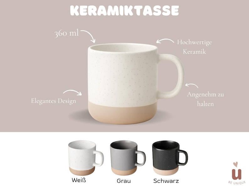 May include: A ceramic mug with a speckled white upper half and a tan base. The mug has a capacity of 360 ml and a handle. The image also shows gray and black mugs with tan bases. The text "KERAMIKTASSE" is at the top.