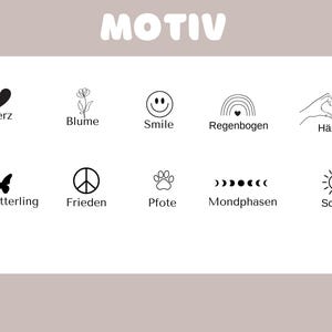 May include: A graphic with the word "MOTIV" at the top and various black line art icons below, including a heart, flower, smiley face, rainbow, hands forming a heart, butterfly, peace sign, paw print, moon phases, and sun.