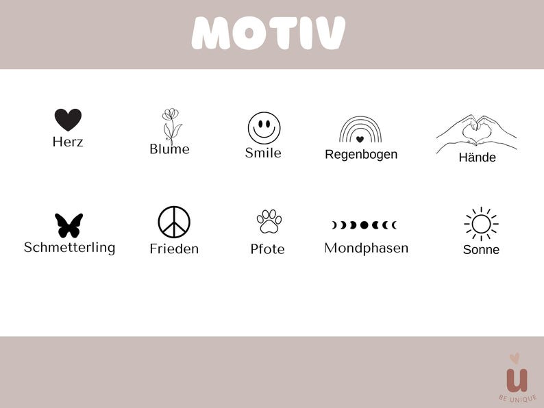 May include: A graphic with the word "MOTIV" at the top and various black line art icons below, including a heart, flower, smiley face, rainbow, hands forming a heart, butterfly, peace sign, paw print, moon phases, and sun.