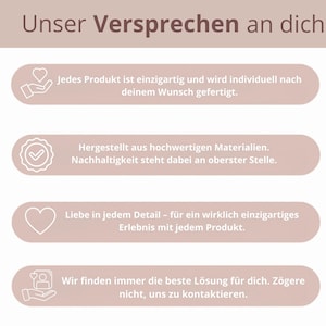 May include: A light beige graphic with text in German, "Unser Versprechen an dich," and four bullet points. The points highlight unique products, high-quality materials, sustainability, and attention to detail. A small logo is in the bottom right.