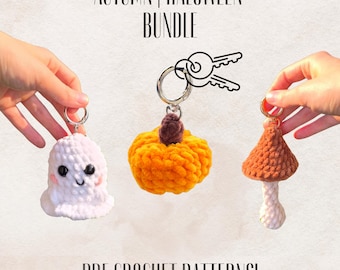Crochet keychains patterns bundle PDF: Halloween | pumpkin, ghost, mushroom