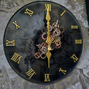 Resin Wall Clock, Steampunk, Industrial, Office or Mancave Unique Hand-made Irregular Number and Gear feature clock and Art piece