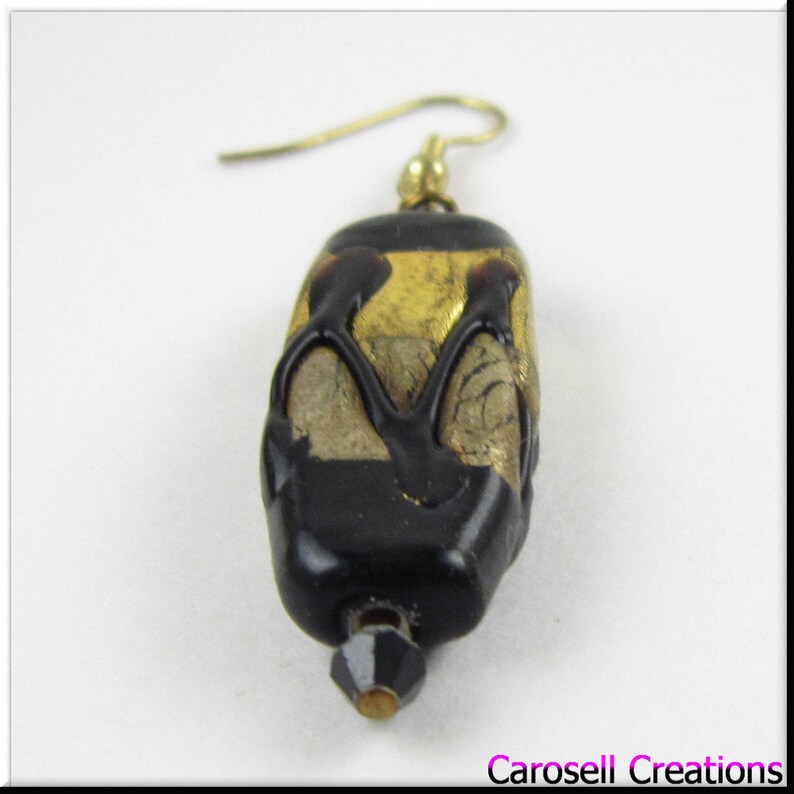CLEARANCE SALE Black and Gold Abstract Murano Lampwork Glass Beadwork Dangle Seed Bead Earrings Jewelry