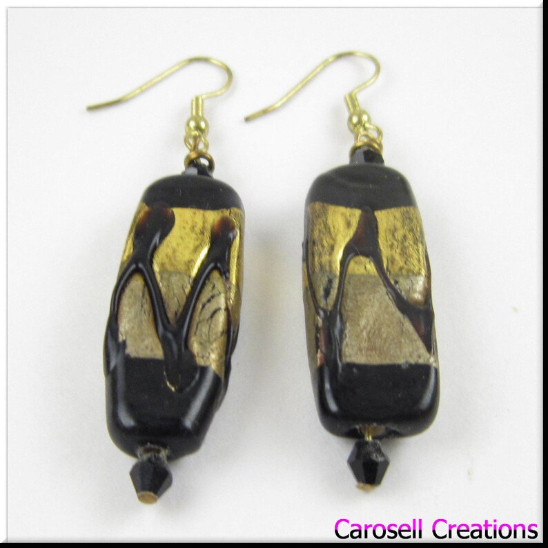 CLEARANCE SALE Black and Gold Abstract Murano Lampwork Glass Beadwork Dangle Seed Bead Earrings Jewelry