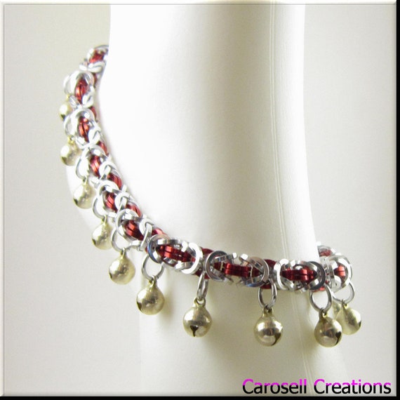 Chainmaille Ankle Bracelet With Bells Silver and Red Aluminum Etsy