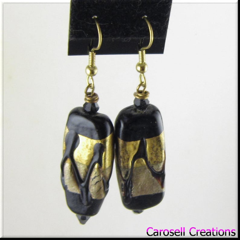 CLEARANCE SALE Black and Gold Abstract Murano Lampwork Glass Beadwork Dangle Seed Bead Earrings Jewelry