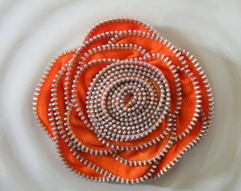 Orange Recycled Vintage Zipper Flower Brooch or Hair Clip