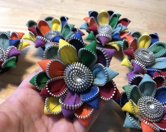 Rainbow Vintage Zipper Flower Brooch or Hair Clip