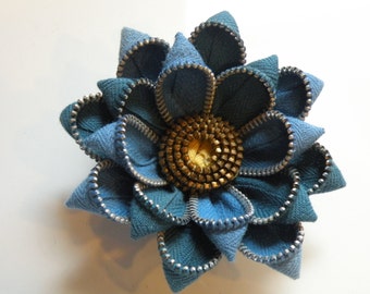 Recycled Blue Vintage Zipper Flower Brooch or Hair Clip