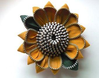 Sunflower Vintage Zipper Flower Brooch or Hair Clip