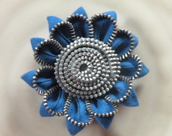 Blue Vintage Zipper Flower Brooch or Hair Clip