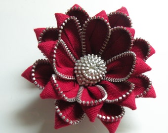 Red Recycled Vintage Zipper Flower Brooch or Pin