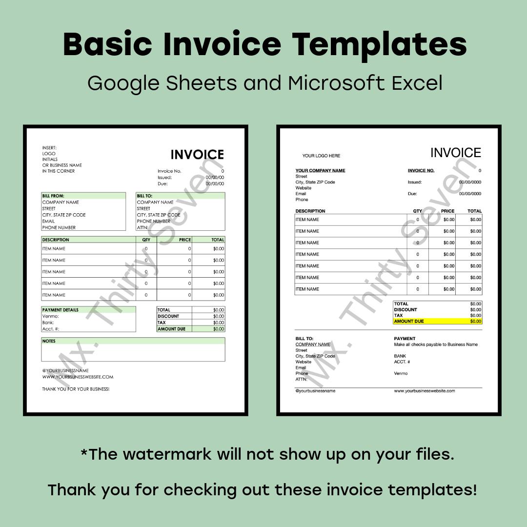 Editable Invoice Templates | Simple Basic Business Forms (excel, Google ...