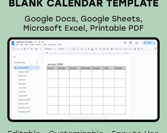 Editable Blank Calendar Template | Google Docs, Sheets, Excel (PDF) | Digital Download