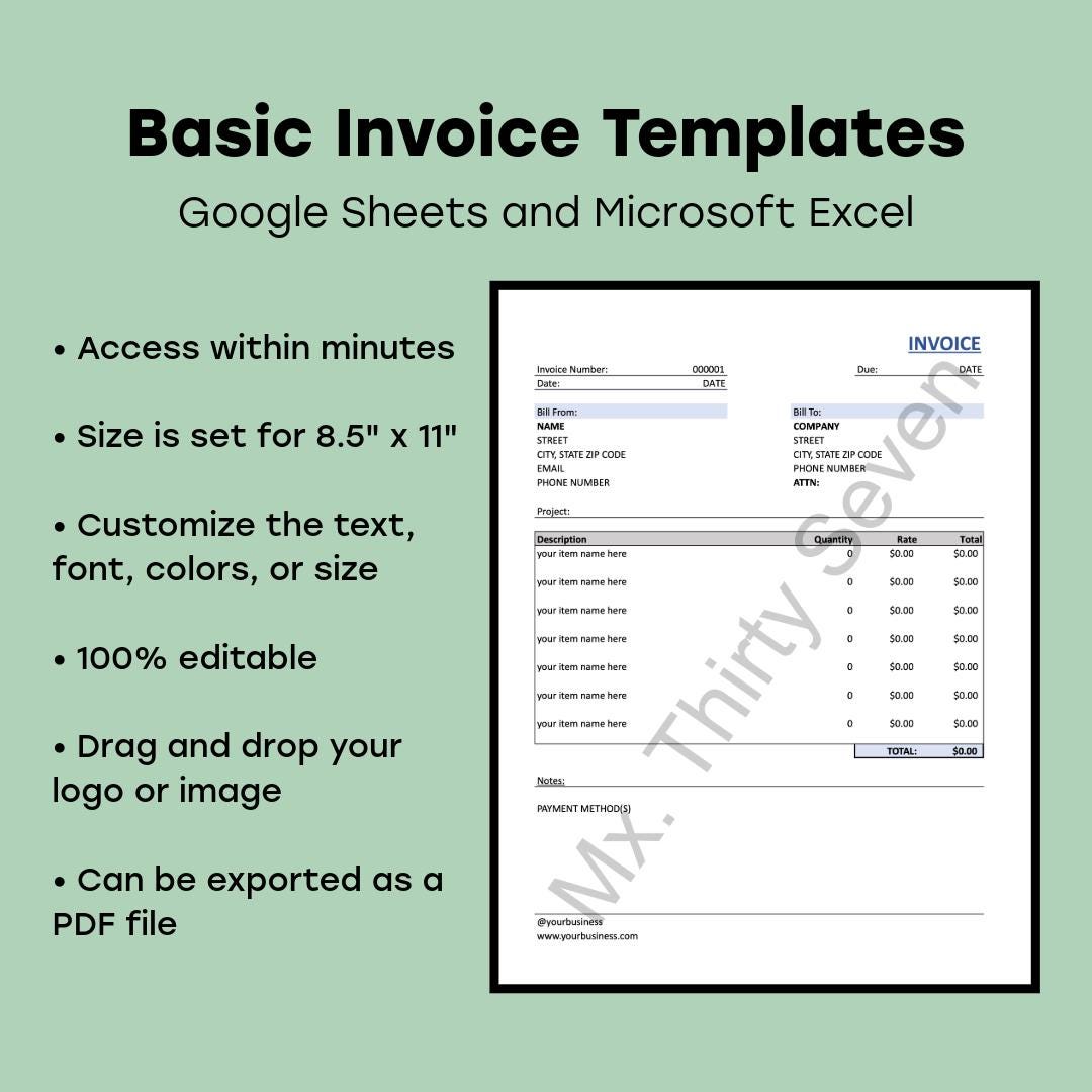Editable Invoice Templates | Simple Basic Business Forms (excel, Google ...