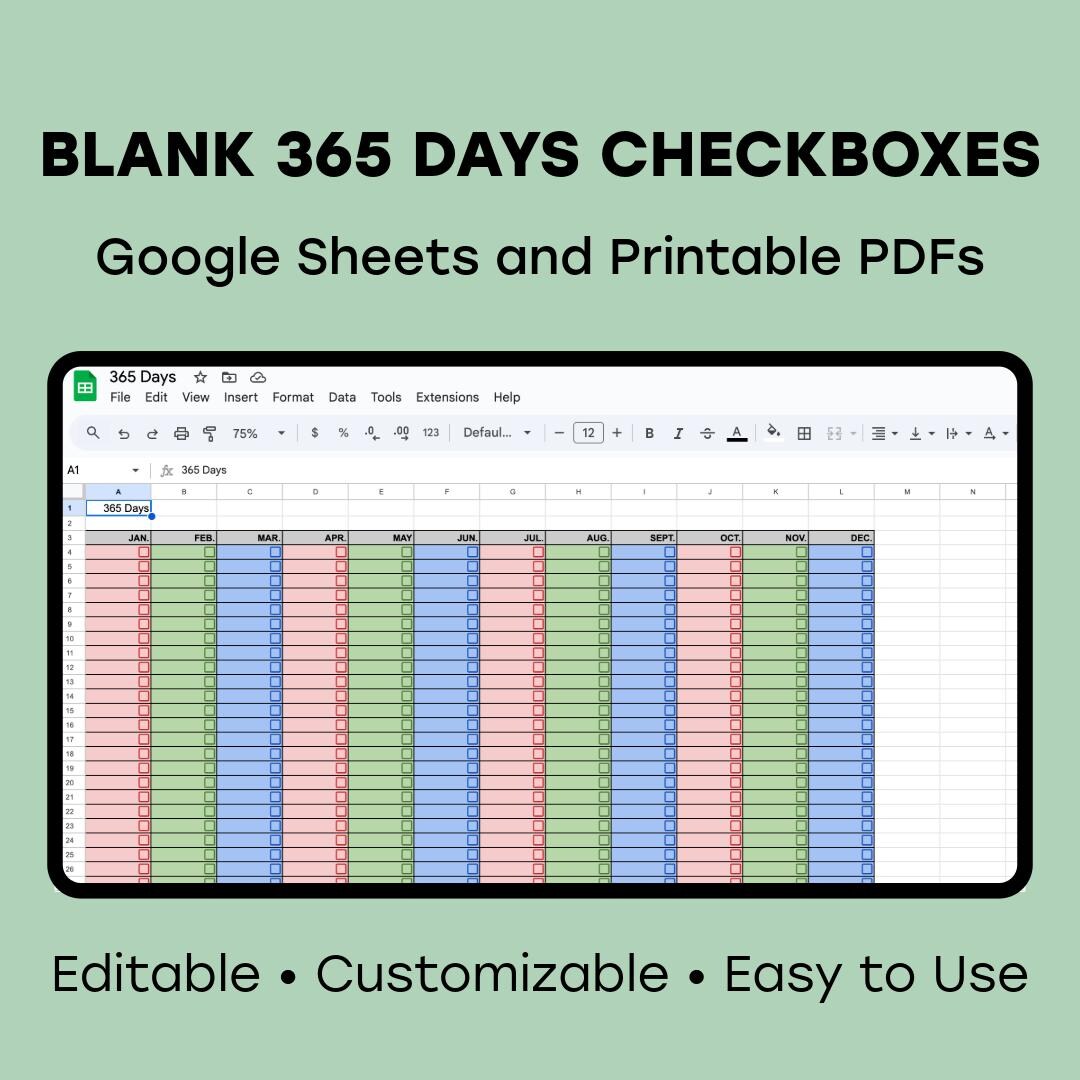 365 Days Checkboxes Blank Template • Digital Download • Google Sheets ...