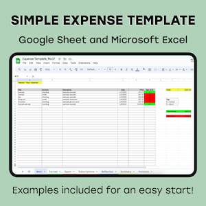 May include: A screenshot of a Google Sheet spreadsheet template for tracking expenses. The spreadsheet has columns for title, account, description, date, price, sign (if/sf), and total. The spreadsheet also has a section for totals, including total earned, total spent, and total saved.