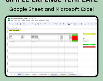 May include: A screenshot of a Google Sheet spreadsheet template for tracking expenses. The spreadsheet has columns for title, account, description, date, price, sign (if/sf), and total. The spreadsheet also has a section for totals, including total earned, total spent, and total saved.