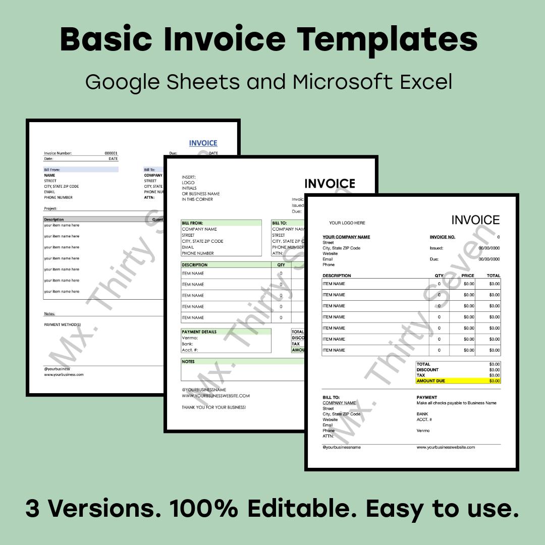 Editable Invoice Templates | Simple Basic Business Forms (excel, Google ...