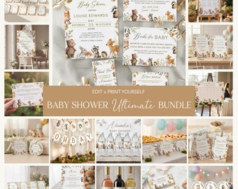 Woodland Baby Shower Template Ultimate Bundle, Editable Forest Animal Shower Complete Template Kit, DIY Printable Canva Bundle  #CC8