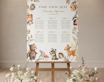 Editable Woodland Baby Shower Seating Chart - Cute Animal Canva Template, DIY Digital Forest Event Plan  #CC8