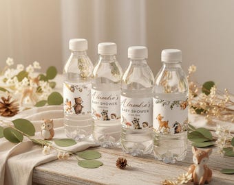 Editable Woodland Baby Shower Water Bottle Labels - Forest Animal Theme DIY Canva Wrap Printable #CC8