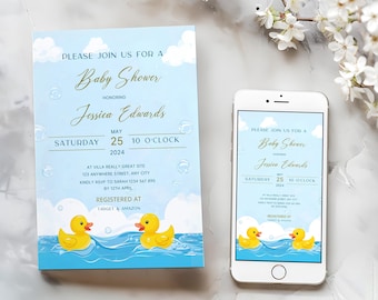 Editable invitation, E-invites, Rubber Duck Baby Shower invitation and E-invites Editable Template, Instant Access on Canva   #CC3RD