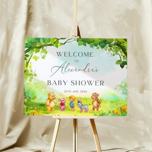 Modelli modificabili di cartelli di benvenuto per baby shower a tema Winnie the Pooh – Accesso immediato su Canva #CCWINNIE