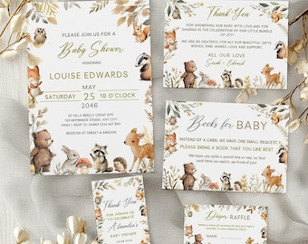 Woodland Baby Shower Invitation Bundle - Editable Canva Template, Forest Animal Ecard, Diaper Game, Favor Tags  #CC8
