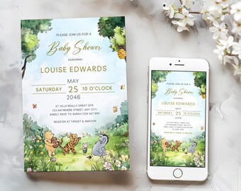 Winnie the Pooh Invitations & E-Invites – Classic Pooh Bear Watercolor Template, Gender Neutral  #CC5POOH