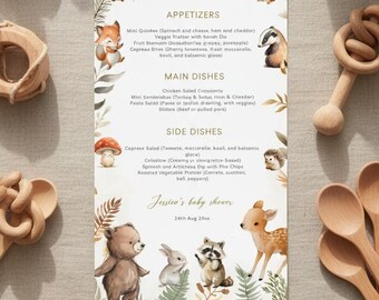 Editable Woodland Baby Shower Menu Template - DIY Printable Forest Animal Canva Digital Menu  #CC8