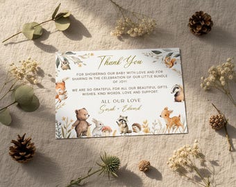 Editable Woodland Thank You Card - Printable Forest Animals Baby Shower Note, DIY Canva Template  #CC8