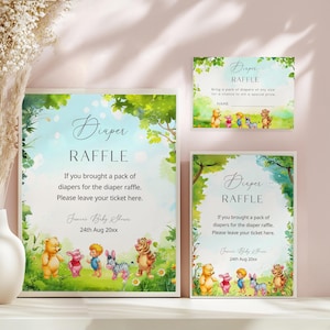 Editable Winnie-the-Pooh Bear Baby Shower Diaper Raffle Templates – Instant Access on Canva   #CCWINNIE