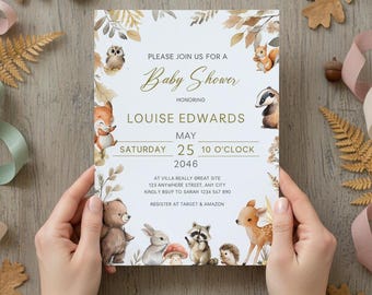 Editable Woodland Baby Shower Invitation Template, Forest Animal Canva DIY Printable Invite  #CC8