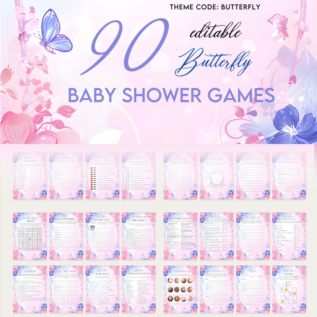90 Butterfly Printable Baby Shower Games, Baby Shower Game Bundle ...