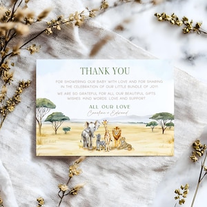 Biglietto di ringraziamento modificabile per baby shower a tema safari, ringraziamento con animali della giungla, download immediato del modello Canva #CC7