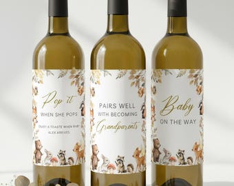Editable Woodland Wine Label Template for Baby Shower - Forest Animal DIY Wine Bottle Tag, Printable Canva Template  #CC8