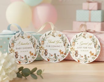 Editable Woodland Baby Shower Tags - DIY Printable Forest Animal Labels for Decor, Round & Square Formats via Canva  #CC8