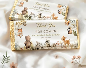 Editable Woodland Baby Shower Chocolate Wrapper - DIY Printable Candy Wrap with Cute Forest Animals, Custom Canva Template  #CC8