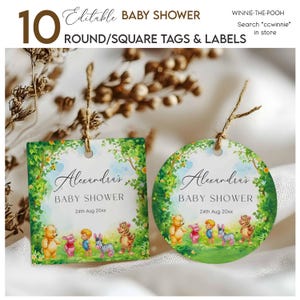 Editable Winnie-the-Pooh Bear Baby Shower Round & Square Tags / Labels Templates – Instant Access on Canva   #CCWINNIE