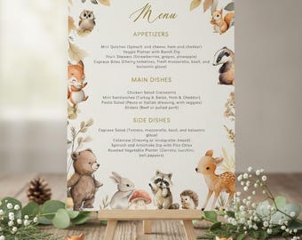Editable Woodland Baby Shower Menu Template - Forest Animal DIY Canva Printable, Cute Digital Nature Themed Design  #CC8
