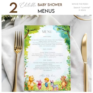 Bearbeitbare Winnie-the-Pooh-Bär-Babyparty-Menüvorlagen - Sofortiger Zugriff auf Canva #CCWINNIE