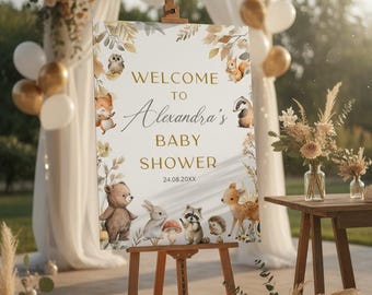 Editable Woodland Baby Shower Welcome Sign, Forest Animal Canva Template, DIY Rustic Shower Decor, Woodland Animals, Instant Download  #CC8