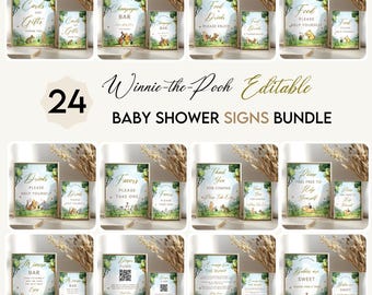 Classic Winnie The Pooh Baby Shower Signs, Bundle, Printable Editable Sign Set Template, Baby Shower Decor, Instant Download  #CC5POOH