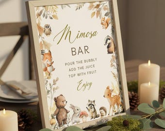 Editable Woodland Baby Shower Mimosa Bar Sign & Juice Tags - DIY Canva Template, Printable Forest Animal Decor  #CC8