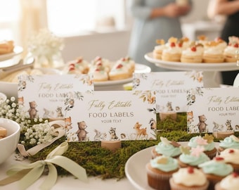 Woodland Baby Shower Food Labels - Editable Canva Template, Printable Forest Animal Party Tags  #CC8