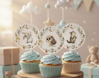 Editable Woodland Cupcake Toppers - Forest Baby Shower DIY Decor, Printable Animal Topper, Canva Template  #CC8